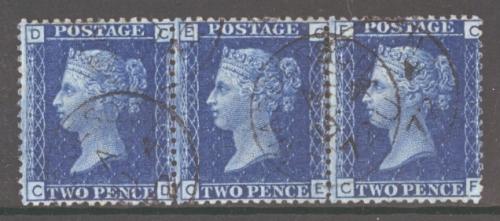 1858 2d Blue SG 46 Plate 13  A Superb Used Strip of 3