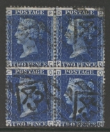 1858 2d Blue SG 45 Plate 13  A fine Used Block of 4 Cat £300