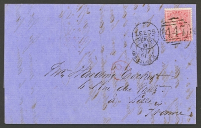 1855 4d Carmine from Leeds to Lille in France via London, arrival CDS Lille at rear