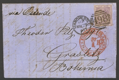 1855 6d Lilac on letter from Manchester to Graslitz in Bohemia