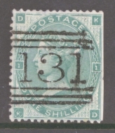 1862 1/- Green on Thick Paper with variety K in Circle SG 90da. A Very Fine Used example with trimmed wing margin clearly showing the variety. A scarce stamp and seldom offered. Cat £3,750 example. 