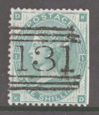 1862 1/- Green on Thick Paper with variety K in Circle SG 90da. A Very Fine Used example with trimmed wing margin clearl…