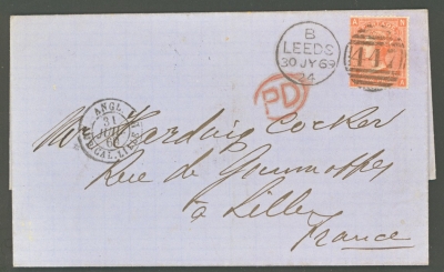 1865 4d Deep Vermilion SG 95 Pl 11 on entire from Leeds to Lille France