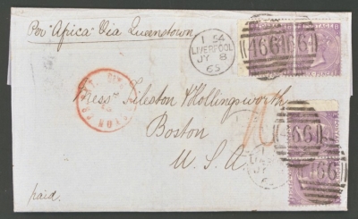 1865 6d Deep Lilac SG 96 Plate 5 x 2 pairs on cover from Liverpool to Boston USA Via Queenstown Africa with Boston arrival CDS in Red erlin