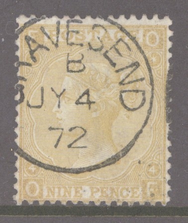 1867 9d Straw SG 110 O.F.  A Very Fine Used example cancelled by an Upright Gravesend CDS.  Cat £325 + 75%