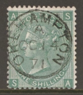 1867 1/- Green SG 117 plate 5. S.A  A Very Fine Used example with an upright Oakhampton CDS