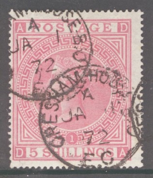 1867 5/- Rose SG 126 plate 1 Lettered D.A.  A Very Fine Used example. Cat £675