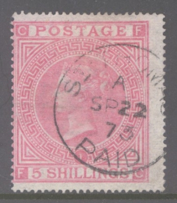 1867 5/- Rose SG 126 Plate 1  F.C.  A Very Fine Used example with Good Colour cancelled by a CDS. Cat £675
