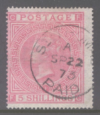 1867 5/- Rose SG 126 Plate 1  F.C.  A Very Fine Used example with Good Colour cancelled by a CDS. Cat £675