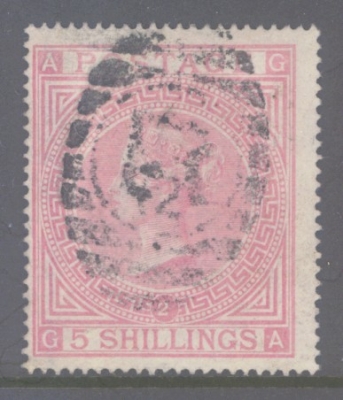 1867 5/- Rose SG 126 Plate 2  G.A.  A Fine Used example. Cat £1500