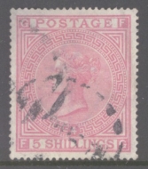 1867 5/- Rose Plate 4 SG 134.  A Fine Used Well Centred example. A difficult stamp as such. Cat £4200