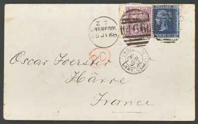 1867 6d Lilac SG 104 + 1858 2d Blue SG 45 Pl 9 on cover from Liverpool to Le Havre France