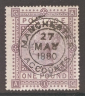 1867 £1 Brown Lilac SG 129 Lettered A.G.    A Very Fine Used example with Good Colour Neatly Cancelled by an Upright Manchester Accounts CDS. Cat £4,500