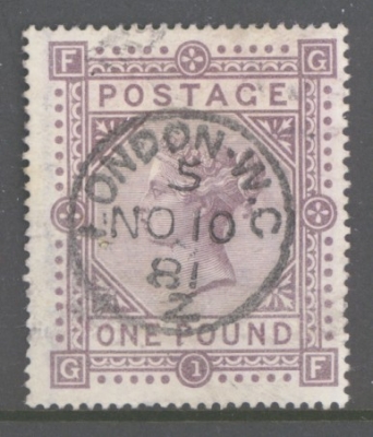 1867 £1 Brown Lilac SG 129.  A Very Fine Used example  neatly cancelled by an upright London CDS. Cat £4500