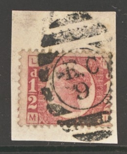 1870 ½d Rose SG 48 Plate 9. A Fine Used example with the plate clearly visible tied to piece