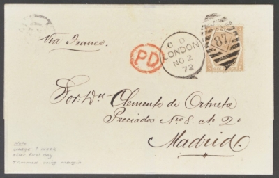 1872 6d Pale Buff SG 123 Pl 11 on cover from London to Madrid