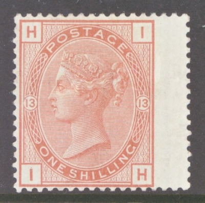 1873 1/- Orange Brown SG 151 I.H.   A Superb Fresh lightly M/M  example of this difficult stamp. Cat £4,750