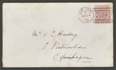 1873 2½d Rose SG 139 Plate 1 on letter from Govan Glasgow to Copenhagen Denmark