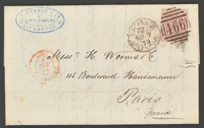 1873 2½d Rose SG 141 Plate 16 on entire from Liverpool Exchange to Paris France