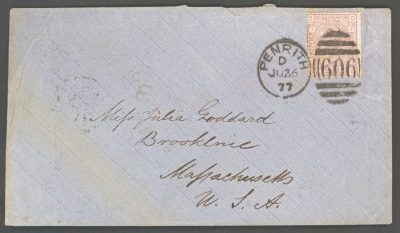 1873 2½d Rose SG 141 Plate 7 on letter from Penrith Cumbria to Massachusetts USA