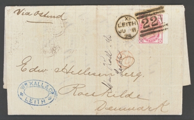 1873 3d Rose SG 143 Plate 14 on entire from Leith to Roerskilde Denmark