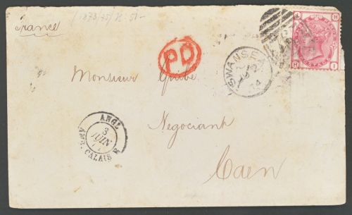 1873 3d Rose SG 143 Plate 14 on cover from Swansea to Caen France