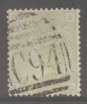 1873 4d Sage Green SG 153 Plate 16 A.D. A Fine Used example neatly cancelled by a Teddington C94 Numeral. Cat £300