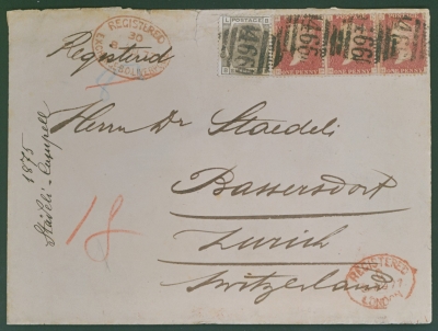 1873 6d Grey SG 147 Plate 15 + 1858 1d Red strip of 3 SG 43 Pl 146 on Registered cover from Liverpool to Zurich Switzerl…
