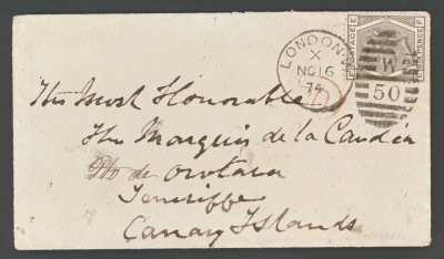 1873 6d Grey SG 147 Plate 13 on cover from London to Orotava Canary Islands
