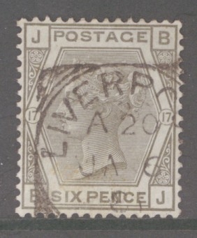 1873 6d Grey SG 147 Plate 17 B.J.  A very fine used example. Cat £180