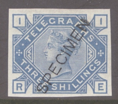 1876 3/- Slate Blue Telegraph Imperf overprinted Specimen SG T11  A  Fresh Lightly M/M  example. Cat £120