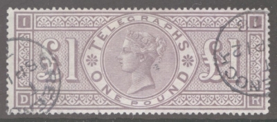 1876 £1 Brown Lilac Telegraph SG T17  A Superb Used example leaving the Queens profile clear