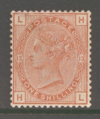 1880 1/- Orange Brown SG 163 Plate 13 H.L.   A Fine well centred Unmounted Mint example. Cat £875