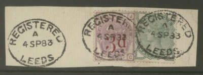 1880 3d on 3d Lilac SG 159 + ½d Green Fine Used on piece with Leeds Registered cancel