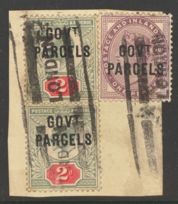 1881 Govt Parcels 1d Lilac SG O69 + 1902 2d Grey Green and Carmine SG 075 x 2 used on piece. Cat £150