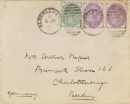 1881 1d Purple Inland Revenue SG F23 x 2 + ½d Green SG 165 on a near cover from Alderley Edge to Berlin