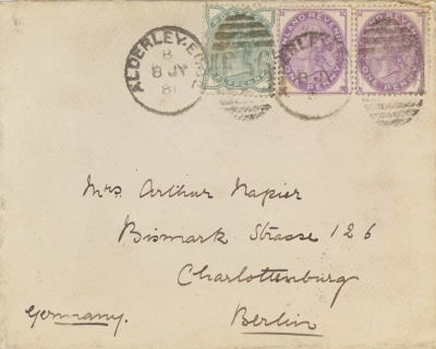 1881 1d Purple Inland Revenue SG F23 x 2 + ½d Green SG 165 on a near cover from Alderley Edge to Berlin