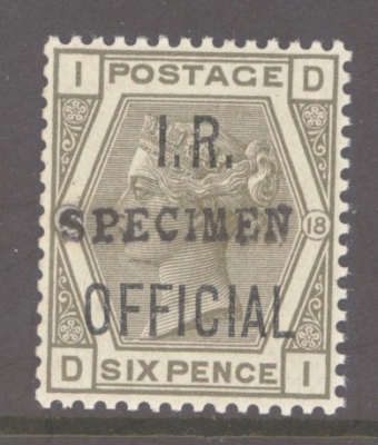 1887 6d Grey I. R. Official overprinted Specimen SG 04s  A Superb Fresh U/M example. Cat £350+