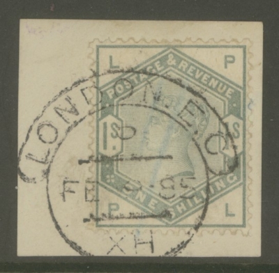 1883 1/- Green SG 196 Lettered P.L.  A Fine Used example tied to small piece.  Cat £325