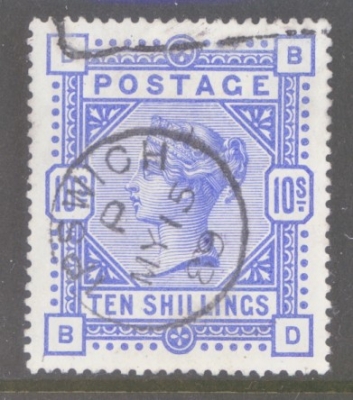 1883 10/- Ultramarine SG 183 lettered B.D. A Very Fine Used Well Centred example with Deep Colour neatly cancelled by an…
