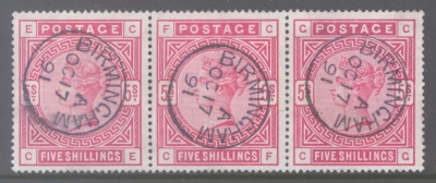 1883 5/- Crimson SG 181. A Superb Used strip of 3