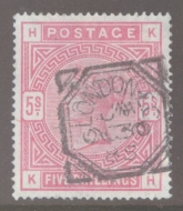 1883 5/- Rose on Blued Paper SG 176 lettered K.H. A Fine Used Well Centred example