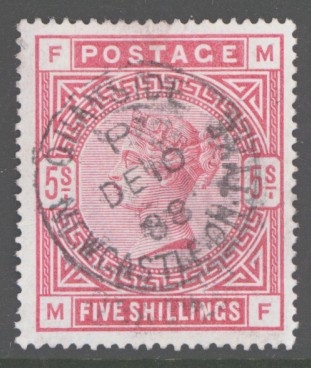 1883 5/- Rose SG 180 lettered M.F. A Fine Used example