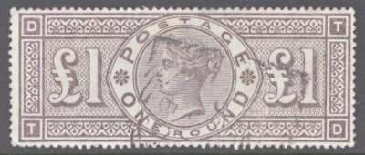 1884 £1 Brown Lilac SG 185  A fine used example with deep colour. A couple of shorter perfs do not detract to much