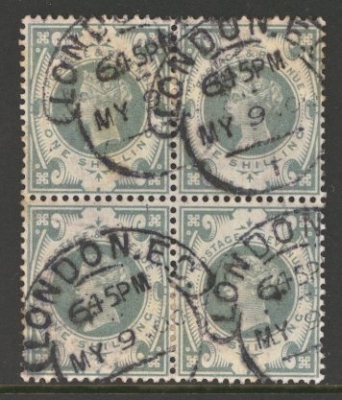 1887 1/- Green SG 211  A Fine Used block of 4
