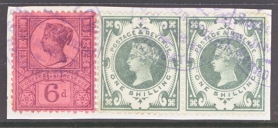 1887 Jubilee 1/- Green Pair tied to Piece SG 211 Superb