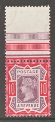 1887 10d Dull Purple + Deep Dull Carmine SG 210a A Superb Fresh U/M Marginal example with the variety Damaged Left Tablet. SG Spec K39/2c with Brandon Cert. Cat £800+