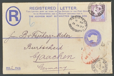 1887 5d Jubilee SG 207a on Registered cover from Manchester to Germany