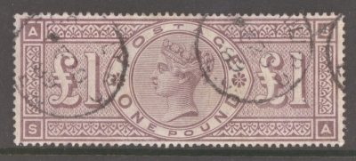 1888 £1 Brown Lilac SG 186  A Very Fine Used Well Centred example of this Difficult stamp.  Cat £4,500