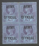 1887 Army Official 2½d Purple on Blue SG O44 A Fresh M/M Block of 4 with gum creasing. Cat £200